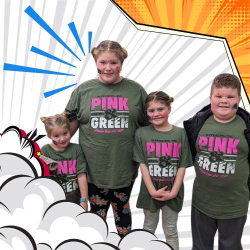 Four young kids smiling and posing together in green t-shirts, with comic-style graphics in the background.