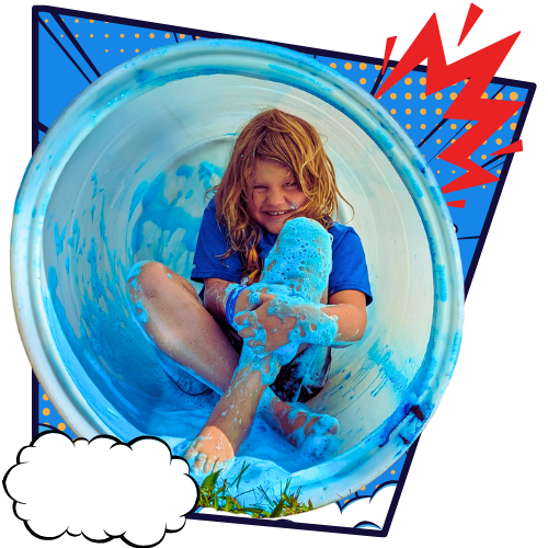 Child playing in blue foam with a comic-style theme overlay