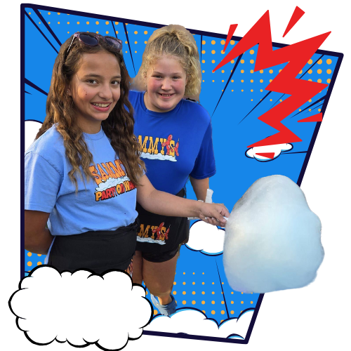 Our Blog : Two smiling team members from Sammy's Party on Wheels holding a large cotton candy at an event on our blog page.