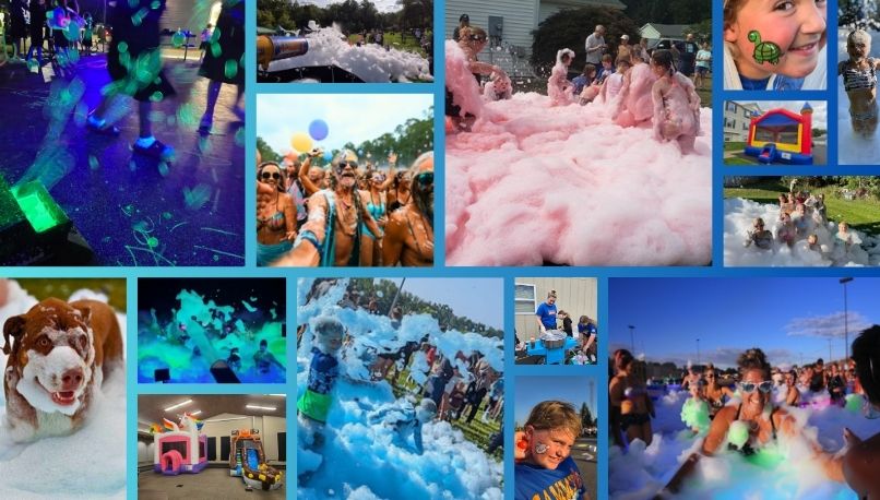 Collage showcasing interactive experiences and unique party themes by Sammy’s Party on Wheels, including foam parties, bounce houses, face painting, and themed activities