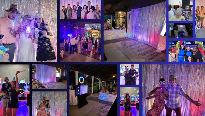 Collage of events featuring DJ services and photo booth experiences by Sandromeda Music Services, with colorful backdrops, bubble machines, and lively party guests.