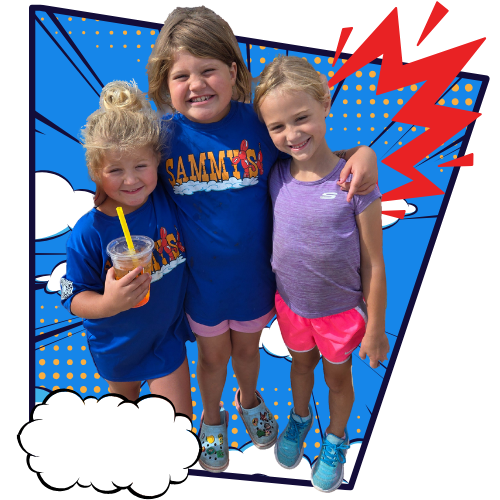 Our Event Gallery. Three young girls enjoying a Sammy's Party on Wheels event, smiling together in front of a fun comic-style backdrop.